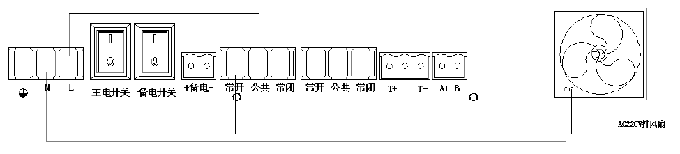 电压为AC220V功率小于1000W的排风扇警灯接线图示如下.png